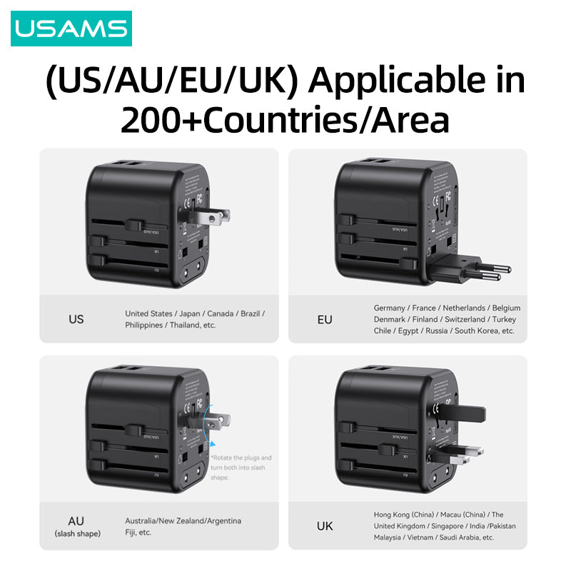 USAMS 12W Universal International Travel Plug 3 USB Power Adapter (US/AU/EU/UK)