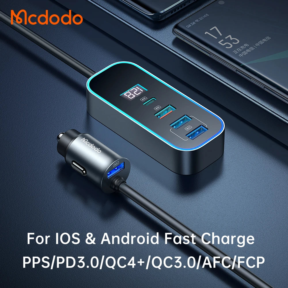 Mcdodo PD 107W Digital Display USB C Car Charger 4-Port, Fast Charging, Cigarette Lighter Car USB Charger Multi Port For iPhone 15/15 Plus/15 Pro Max, Samsung S24/S24+/S24 Ultra/S23+/S23 Ultra, MacBook, iPad Pro Air, Pixel, Switch, etc